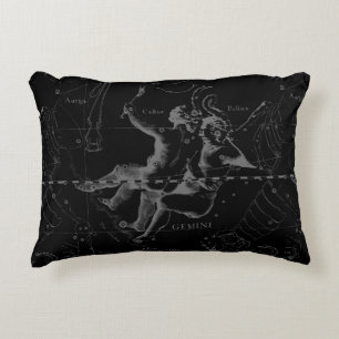 Gemini Constellation Hevelius 1690 on Black Decorative Pillow