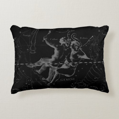 Gemini Constellation Hevelius 1690 on Black Decorative Pillow