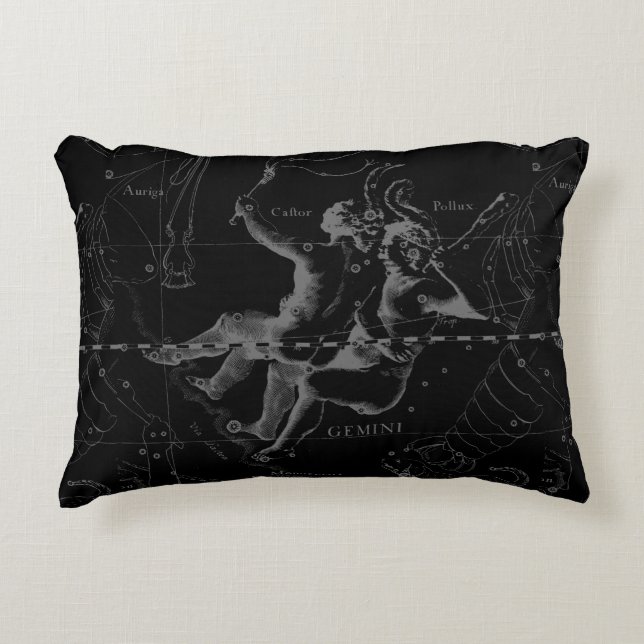Gemini Constellation Hevelius 1690 on Black Decorative Pillow (Front)