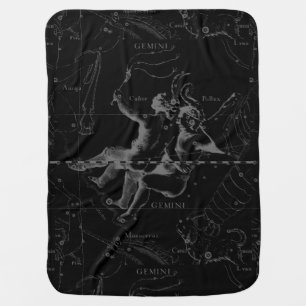 Gemini Constellation Hevelius 1690 on Black Swaddle Blanket