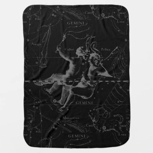 Gemini Constellation Hevelius 1690 on Black Swaddle Blanket