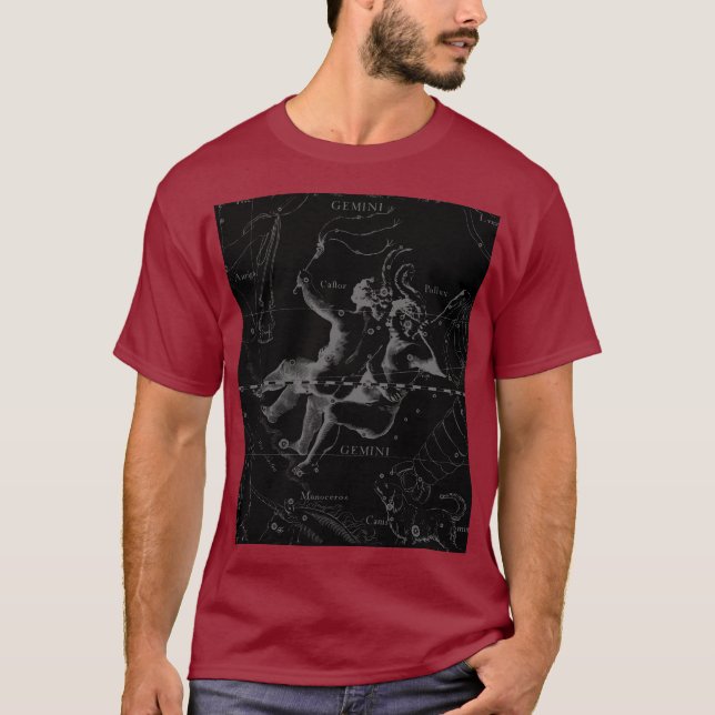 Gemini Constellation Hevelius 1690 on Black T-Shirt (Front)