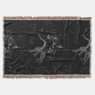 Gemini Constellation Hevelius 1690 on Black Throw Blanket