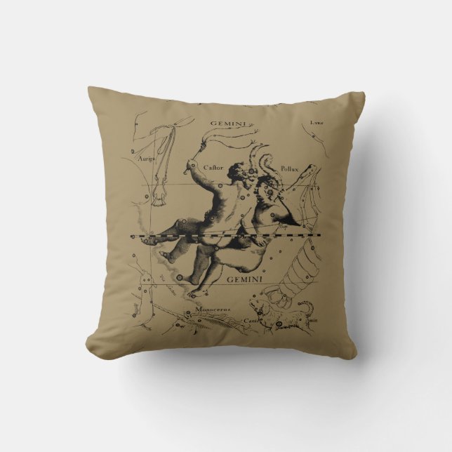 Gemini Constellation Map Engraving by Hevelius Throw Pillow (Front)