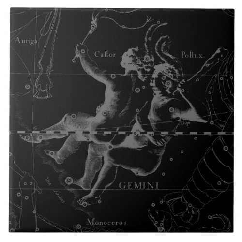 Gemini Constellation Map Hevelius 1690 on Black Ceramic Tile