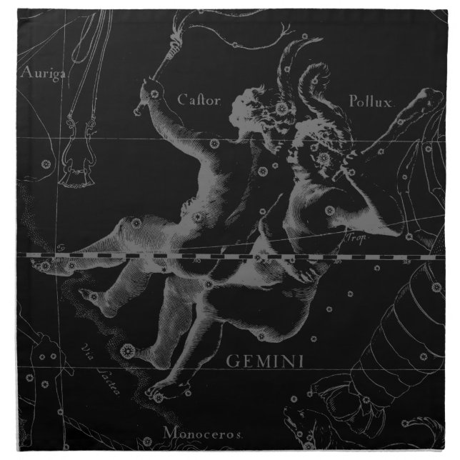 Gemini Constellation Map Hevelius 1690 on Black Cloth Napkin (Front)