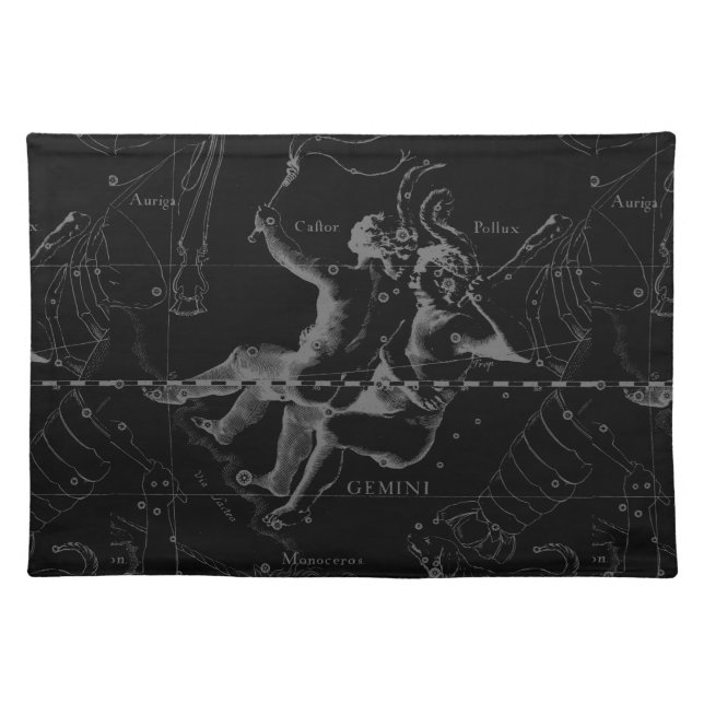 Gemini Constellation Map Hevelius 1690 on Black Cloth Placemat (Front)