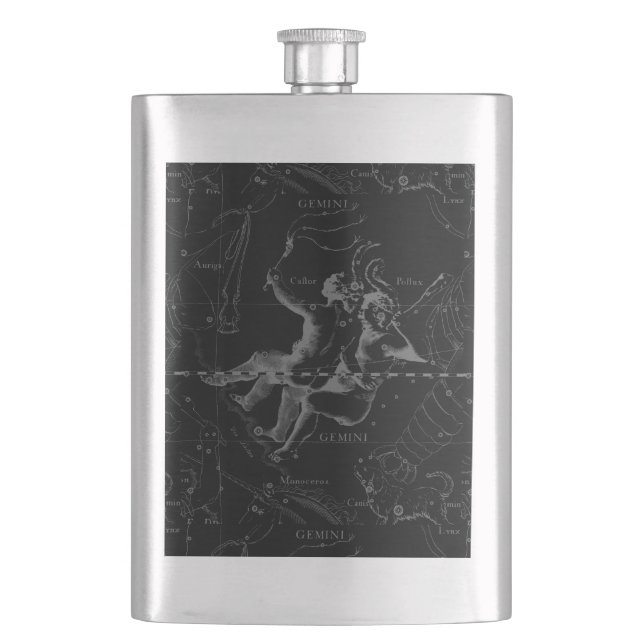 Gemini Constellation Map Hevelius 1690 on Black Flask (Front)