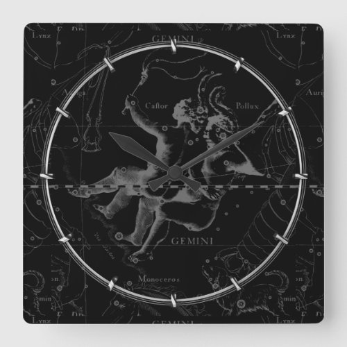 Gemini Constellation Map Hevelius 1690 on Black Square Wall Clock