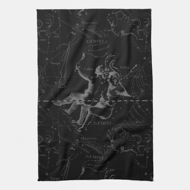 Gemini Constellation Map Hevelius 1690 on Black Towel (Vertical)