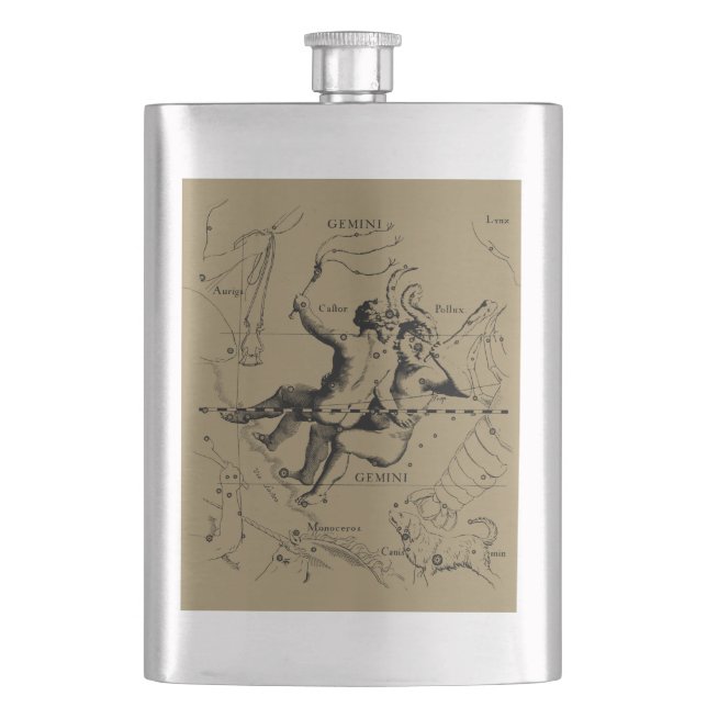 Gemini Constellation Zodiac Hevelius 1690 Hip Flask (Front)