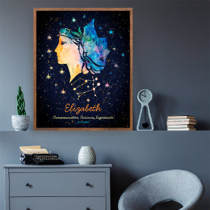 Gemini Constellation Zodiac Watercolor Star Galaxy Poster
