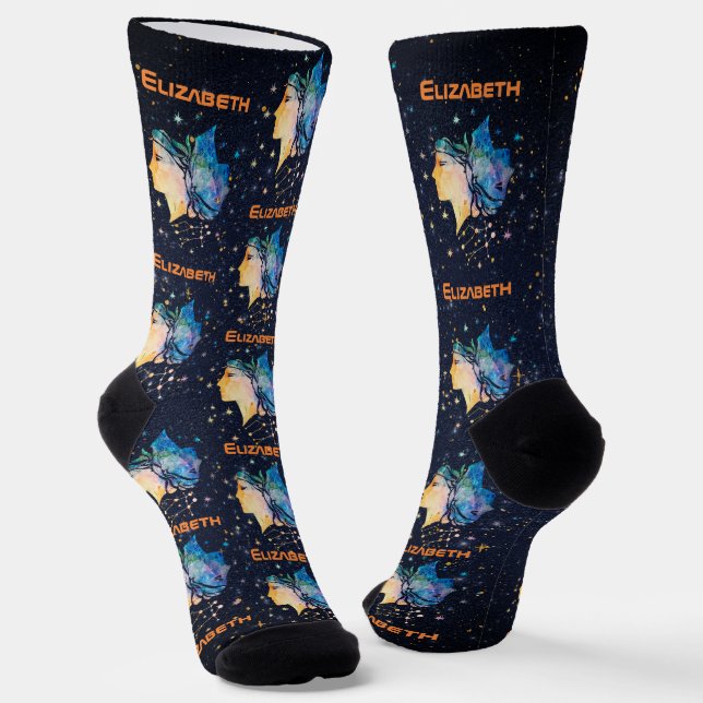 Gemini Constellation Zodiac Watercolor Star Galaxy Socks (Angled)