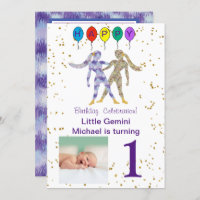 Gemini First Birthday Gold, Balloons & Photo Invitation