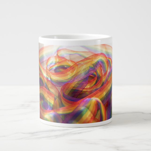 Gemini generated cascading sheer rainbow ribbon  giant coffee mug (Front)