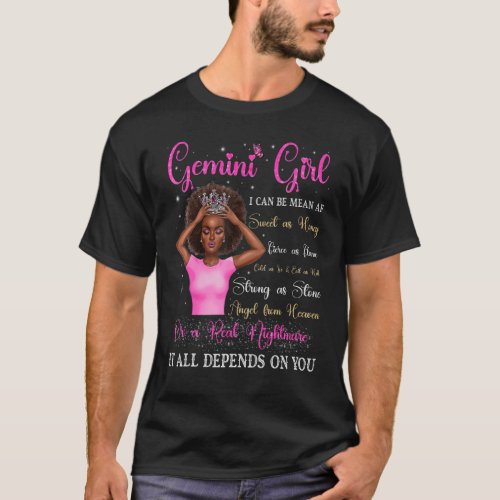 Gemini Girl Black Queen Zodiac Birthday Afro Women T_Shirt