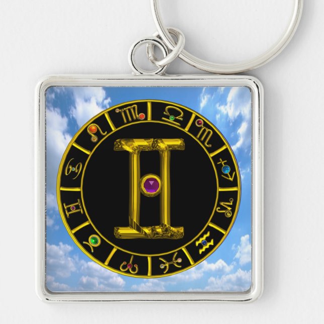 GEMINI GOLD ZODIAC BIRTHDAY JEWEL Astrology Chart Keychain (Front)