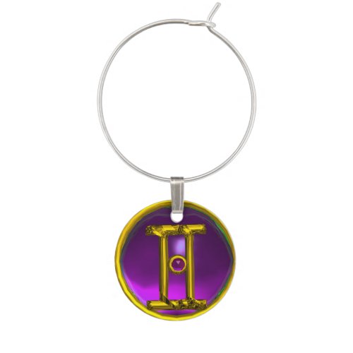 GEMINI GOLD ZODIAC BIRTHDAY JEWEL Black Wine Glass Charm