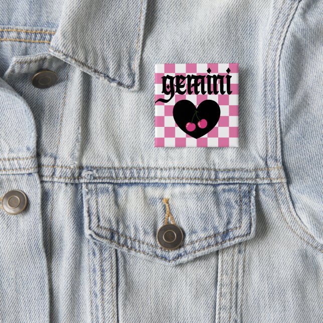 Gemini Gothic Aesthetic Checkered Cherries Design Button (In Situ)