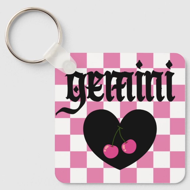 Gemini Gothic Aesthetic Checkered Cherry Design Keychain (Front)