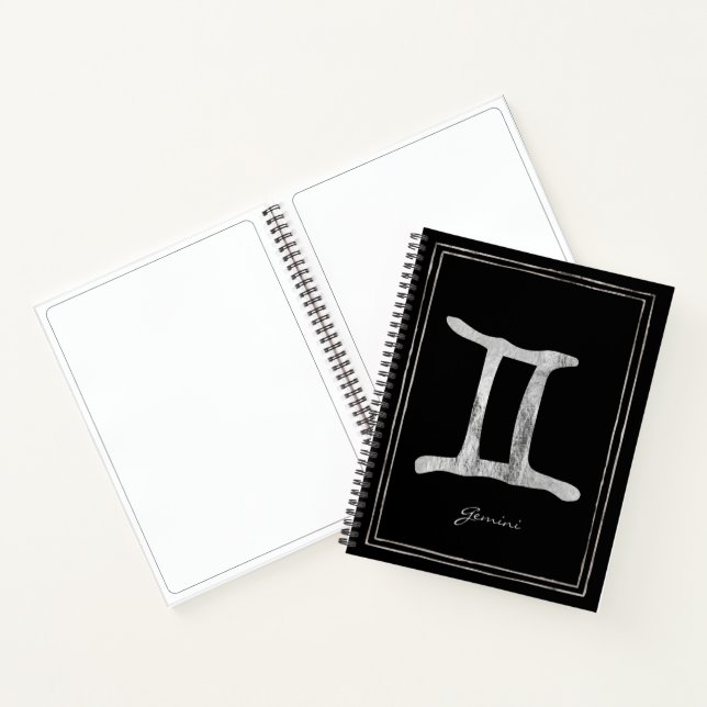 Gemini hammered silver stylized astrology symbol n notebook (Inside)