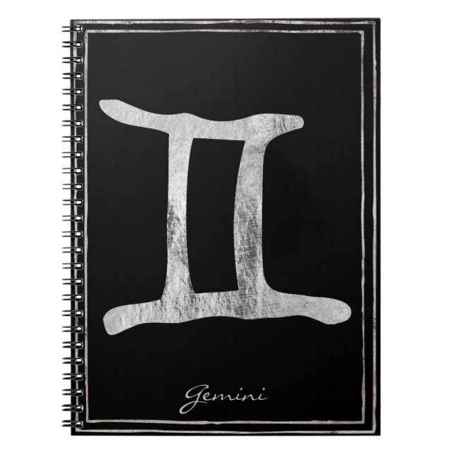 Gemini hammered silver stylized astrology symbol notebook (Front)