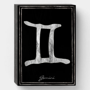 Gemini hammered silver stylized astrology symbol wooden box sign
