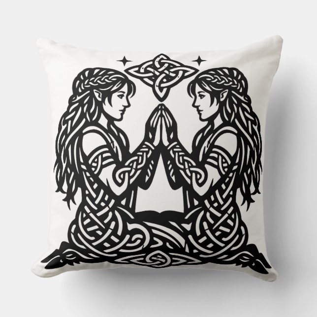 Gemini — Haunted Ink Zodiac Twins Throw Pillow (Front)