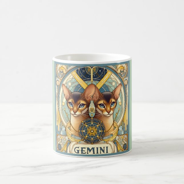Gemini Inquisitive Cat Zodiac Art Nouveau Coffee Mug (Center)