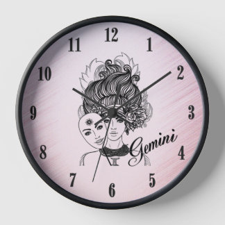 Gemini Masked Lady Zodiac Black Numbers Pink Clock
