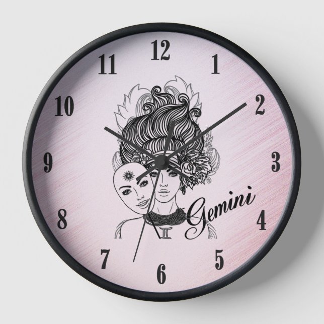 Gemini Masked Lady Zodiac Black Numbers Pink Clock (Front)