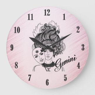 Gemini Masked Lady Zodiac Black Numbers Pink Large Clock