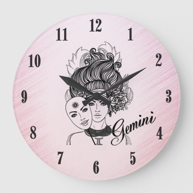 Gemini Masked Lady Zodiac Black Numbers Pink Large Clock (Front)