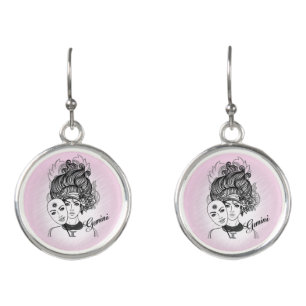 Gemini Masked Lady Zodiac Pink Earrings