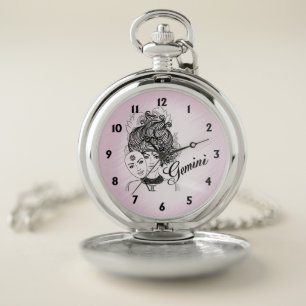 Gemini Masked Lady Zodiac Pink Pocket Watch