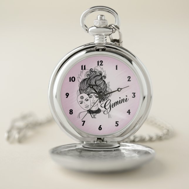 Gemini Masked Lady Zodiac Pink Pocket Watch (Inside)
