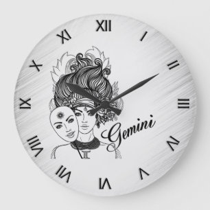 Gemini Masked Lady Zodiac Roman Numerals Large Clock