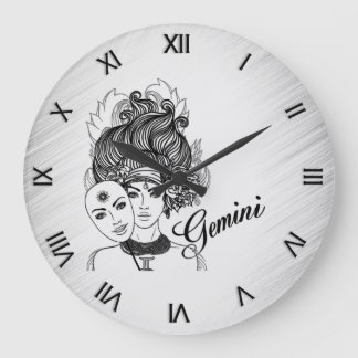 Gemini Masked Lady Zodiac Roman Numerals Large Clock