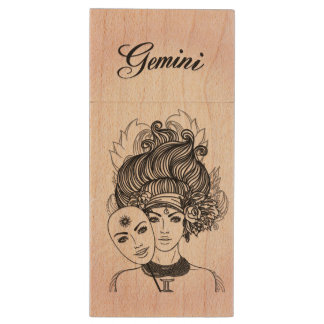 Gemini Masked Lady Zodiac Wood Flash Drive
