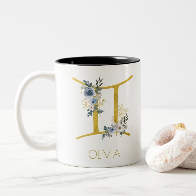 Gemini Name Blue & Gold Floral   Two-Tone Coffee Mug (With Donut)