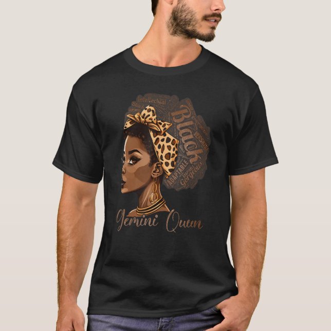 Gemini Queen Leopard Afro Melanin Zodiac Horoscope T-Shirt (Front)