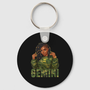 Gemini Queen Loc'd Black Woman Camo Zodiac Sign Keychain