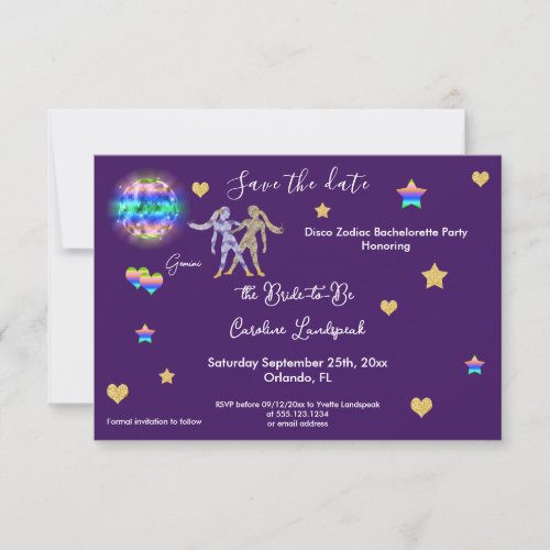 Gemini Sign  Disco Ball Bachelorette Party Save The Date