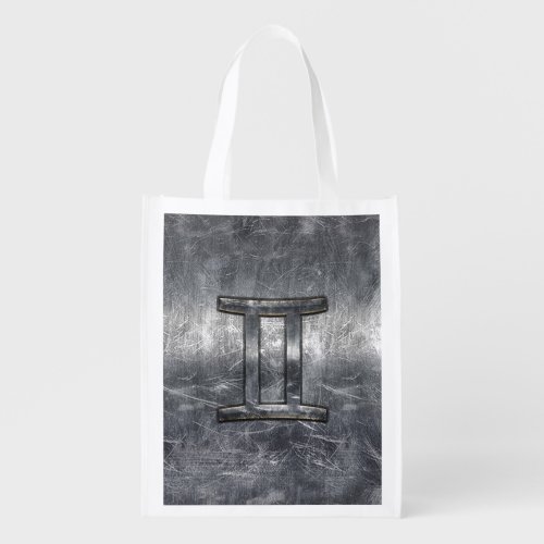 Gemini Sign in Distressed Siver Steel Style Grocery Bag