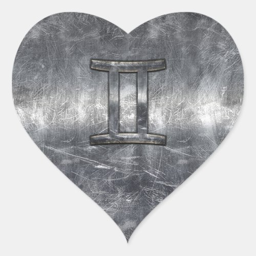 Gemini Sign in Distressed Siver Steel Style Heart Sticker