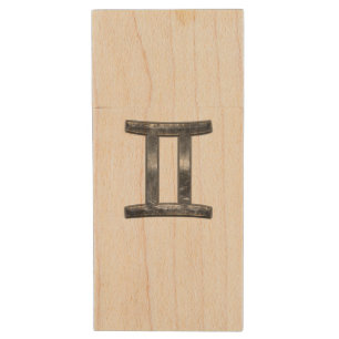 Gemini Sign in Distressed Siver Steel Style Wood Flash Drive
