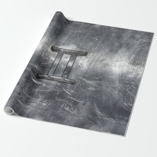 Gemini Sign in Distressed Siver Steel Style Wrapping Paper