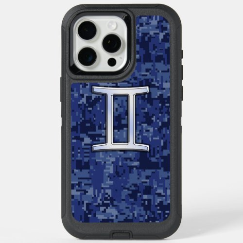 Gemini Sign on Navy Blue Digital Camouflage iPhone 15 Pro Max Case