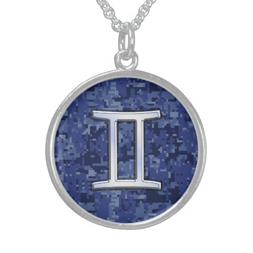 Gemini Sign on Navy Blue Digital Camouflage Sterling Silver Necklace