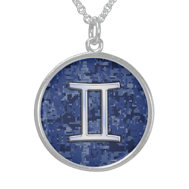 Gemini Sign on Navy Blue Digital Camouflage Sterling Silver Necklace (Front)